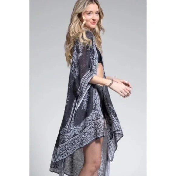 Earl Gray Bohemian Damask Paisley Printed Open Kimono Coverup Wrap - Picture 3 of 4